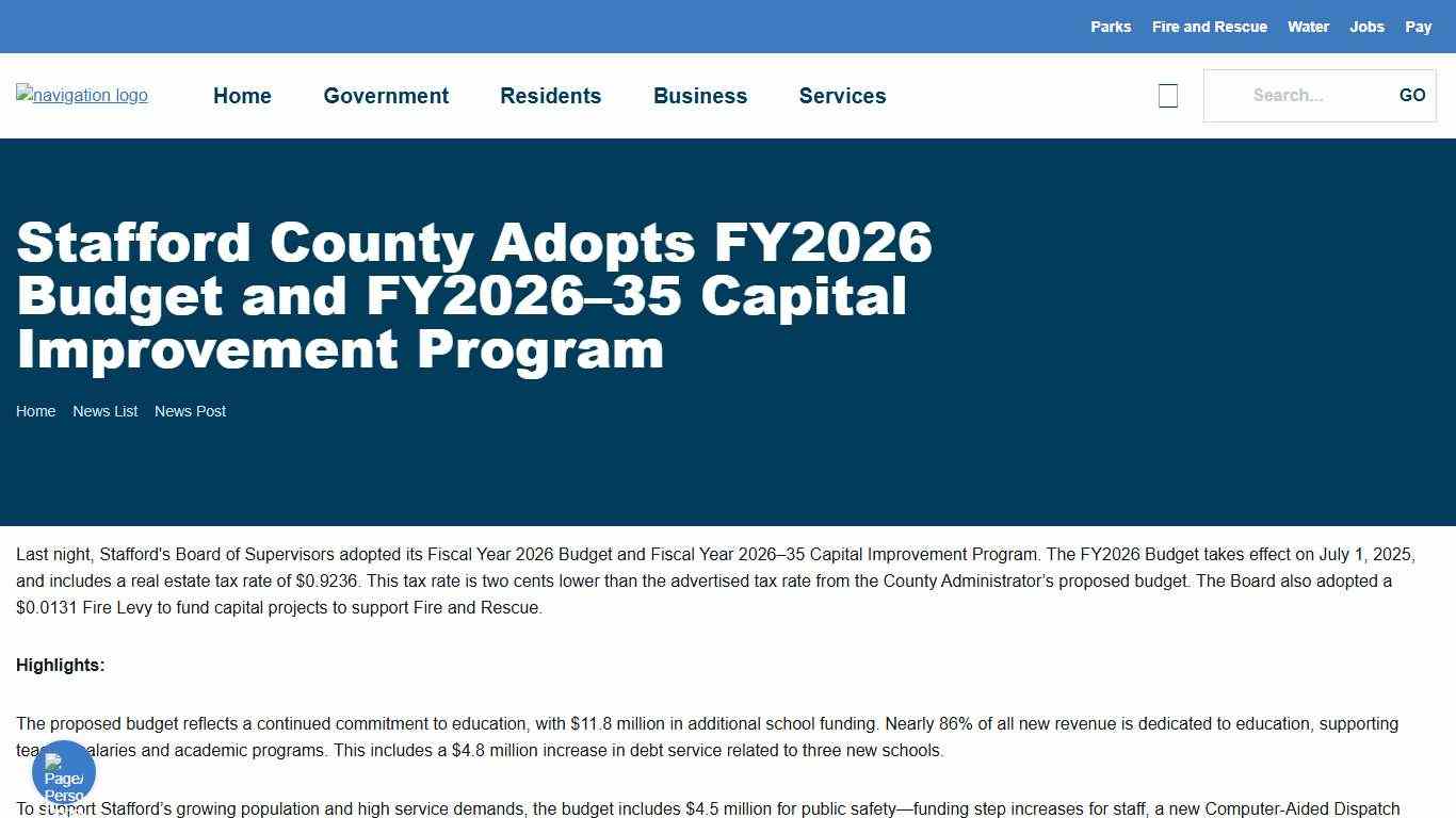 Stafford County Adopts FY2026 Budget and FY2026–35 Capital Improvement Program